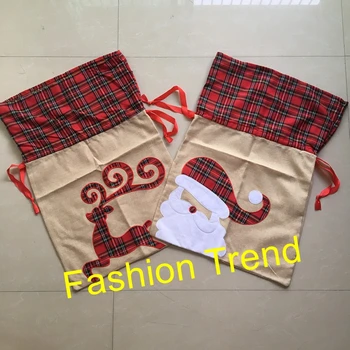 

30pcs/lot Amazon top selling Xmas decoration gift candy bags monogrammed burlap plaid santa sack Christmas santa claus bags