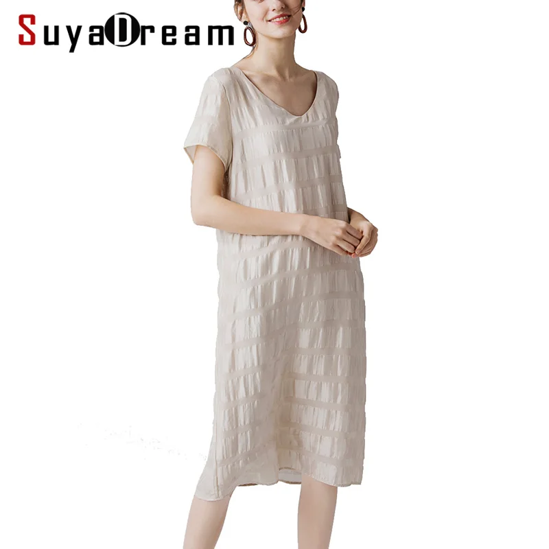 

WomenDress 50%Real Silk 50%Linen Short Sleeved Dresses for Women V neck 2019 Summer Mid-Calf Length Dress Beige
