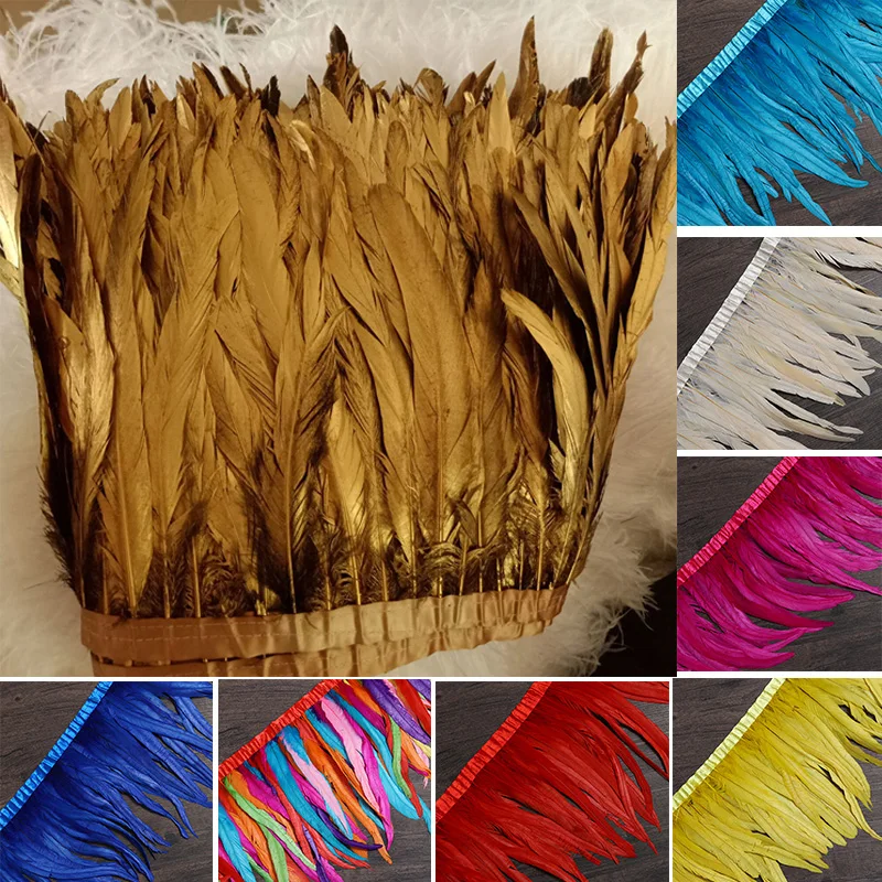

Free Shipping 10Meters/lot gold Rooster Feather Trims 30-35cm width coque Feather strung Chicken Feather trimming