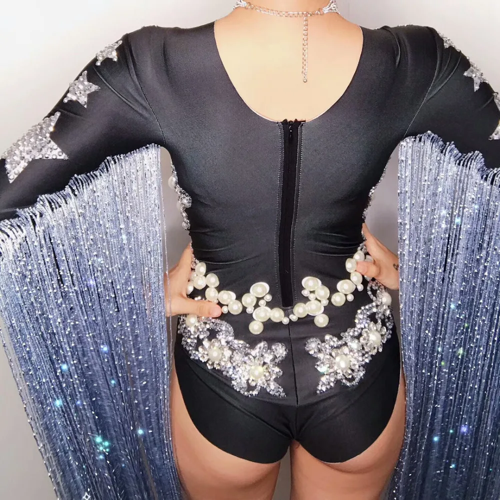 Супер звезда черное боди, декорированное камнями комбинезон яркий комбинезон украшенный кристаллами комбинезон женские костюмы для танцоров шоу ночной клуб бар представление