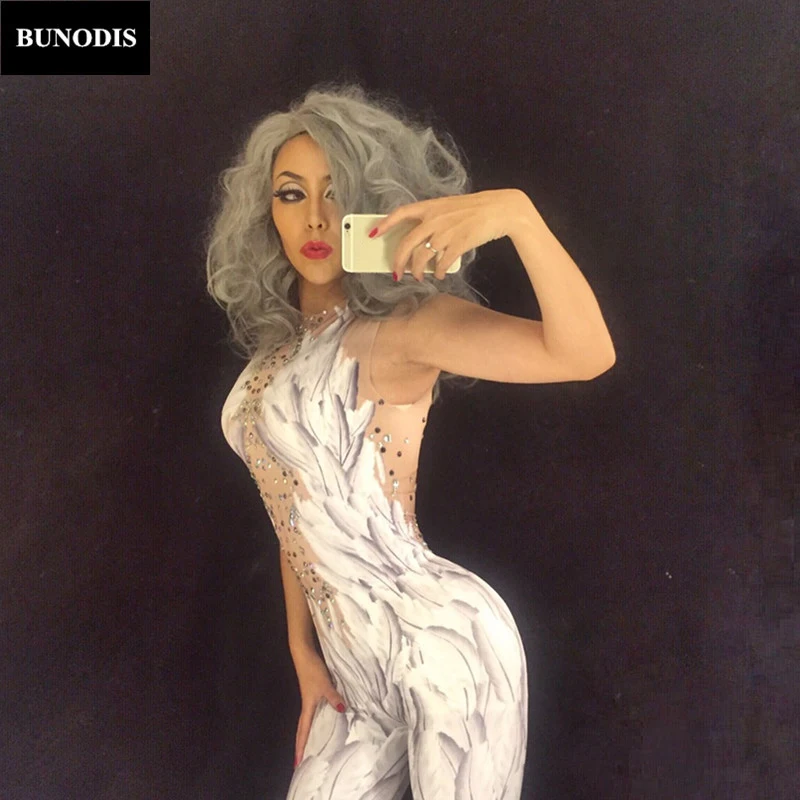 ZD002 комбинезон с 3D рисунком Белых Перьев боди для ночного клуба вечевечерние DJ DS