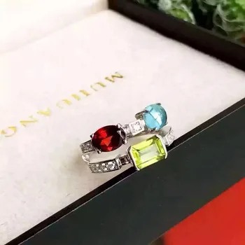 

Natural garnet Ring Natural peridot topaz Ring S925 sterling silver trendy Elegant Diana round women's girl wedding Jewelry