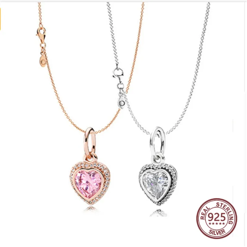 

Heart Pendant Necklace 100% 925 Silver 1:1 Genuine Glamour Original Rose Gold Pink Shine Love Pendant for women free shipping