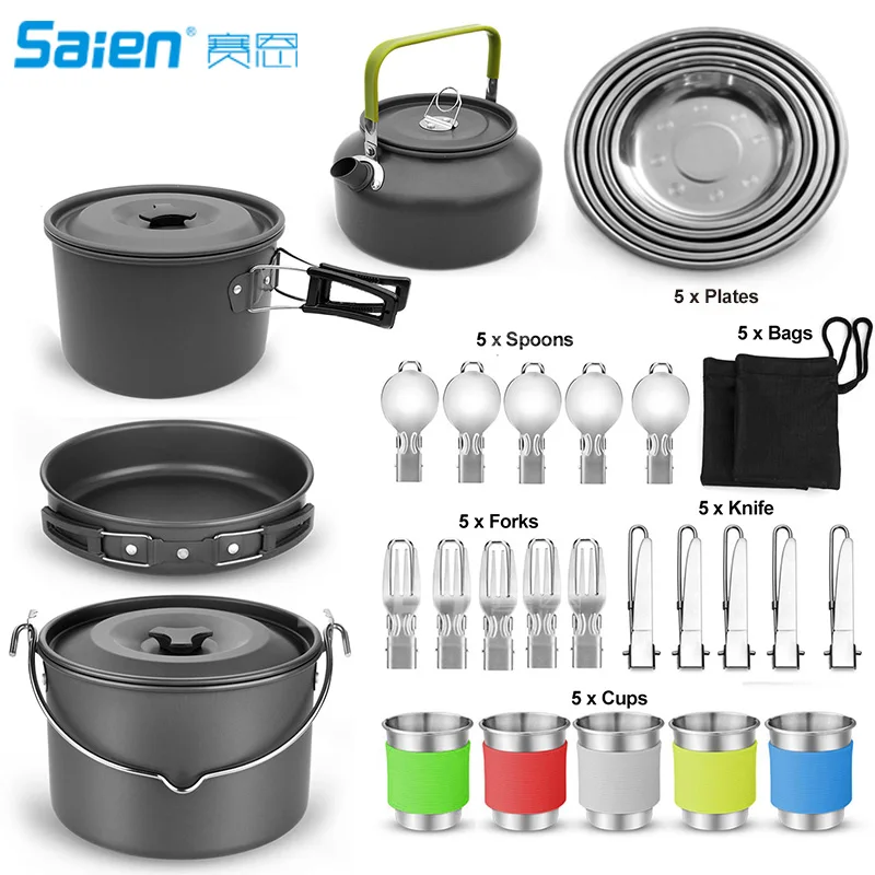 

Camping Cookware and Pot Set 35 Piece Set with 5 Cups, 5 Dishes, Fork Knife Spoon Kit For Camping/Backpacking/Hiking/Trekking
