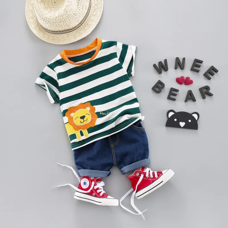 Модный летний комплект одежды в полоску для маленьких мальчиков, футболка с короткими рукавами+ джинсовый костюм, детская одежда, одежда для мальчиков 1, 2, 3, 4 лет