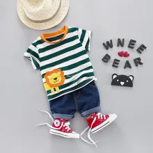 Модный летний комплект одежды в полоску для маленьких мальчиков, футболка с короткими рукавами+ джинсовый костюм, детская одежда, одежда для мальчиков 1, 2, 3, 4 лет