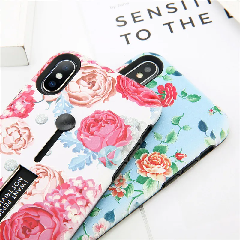 

For iPhone X Flower Phone Case For iPhone 7 8 6 6s Plus Rose Floral Marble Image Back Cover Hide Ring Stand Holder Cases