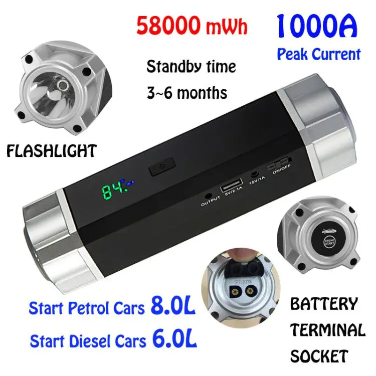 

Powerful Start Petrol 8.0 Diesel 6.0-1000A Peak Car Jump Starter 58000mWh Starting Power Bank Auto Battery Portable Pack Booster