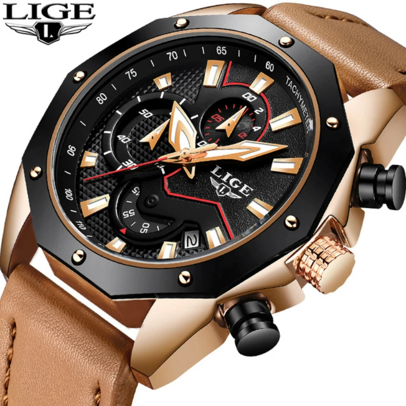 

Men Watch Relogio Masculino LIGE Mens Watches Top Brand Luxury Men's Sports Military Watch Leather Waterproof Quartz Wristwatch