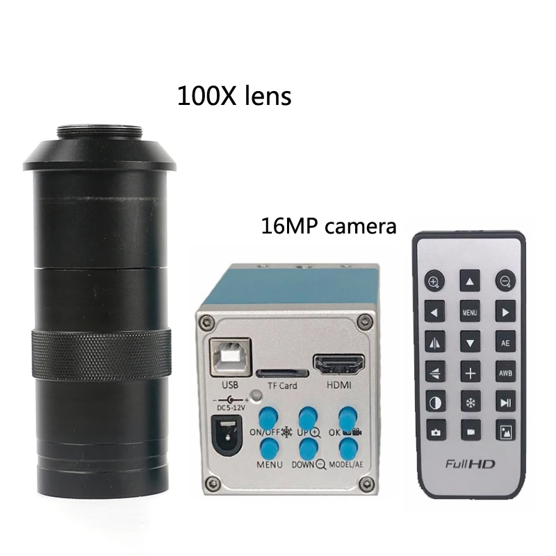 

1080P 16MP HDMI USB TF card recording industrial video microscope camera + remote control + 100X C-Mount lens electronic repair