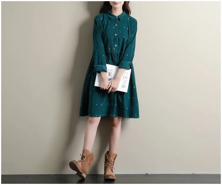 Осенне-зимние платья зеленые свободные платья с длинными рукавами для девочек и Мори вельветовое платье с отложным воротником ТРАПЕЦИЕВИДНОЕ ПЛАТЬЕ в стиле Лолиты Z885