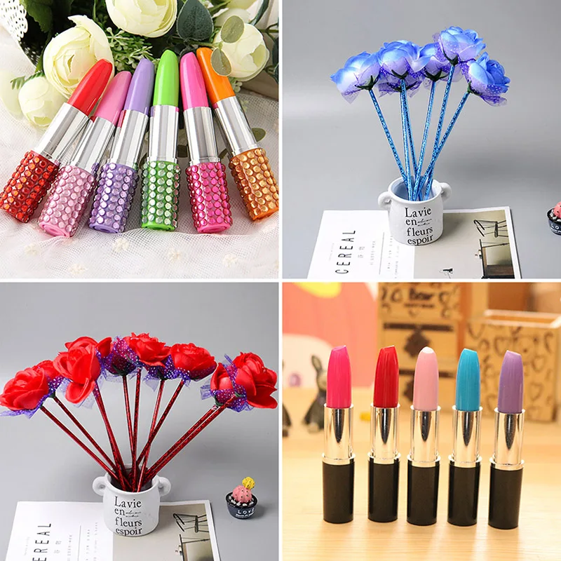 

Creative Lipstick Pens Simulation Red Rose Ballpoint Pen Novelty Stationery Kawaii Ball Pens For Girls Gift School Supplies