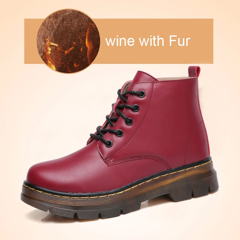 Jzzddown/женские зимние ботинки из натуральной кожи с мехом; ботильоны для женщин; плюшевые женские ботинки; зимние Ботинки martin; женская обувь - Цвет: Wine Fur