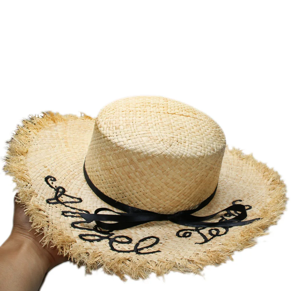 

Women Summer Fashion Raffia Straw Wide Crushed Brim Angel Letters Sun Hat Beach Casual Travel Boater Cap Black Ribbon Band 57cm