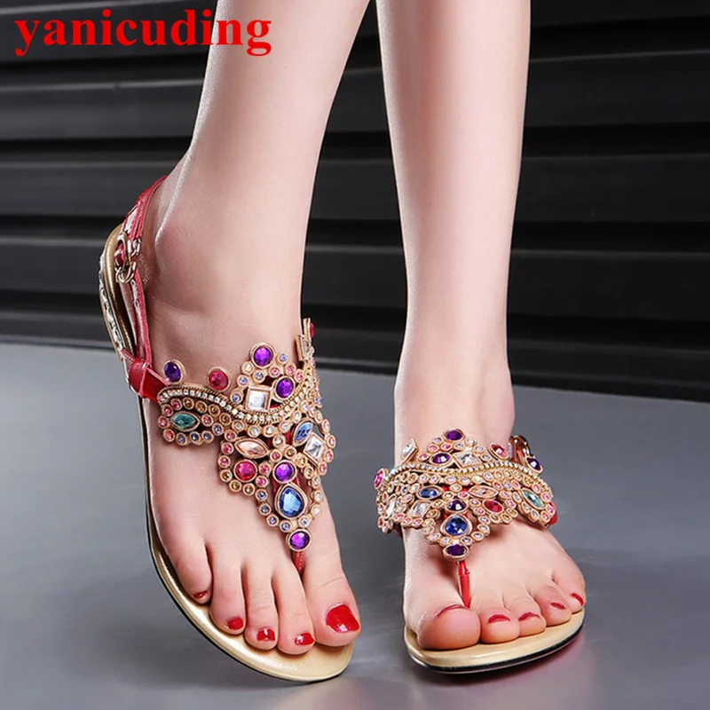 

Flip Flop Women Sandals Gladiator Colorful Crystal Embellished Low Heel Back Strap Shoes Zapatos Mujer Bohemia Style Vacation