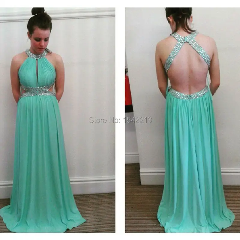 Mint Green Halter Chiffon Prom Dress Beaded Floor Length Mint Green Halter Chiffon Prom Dress