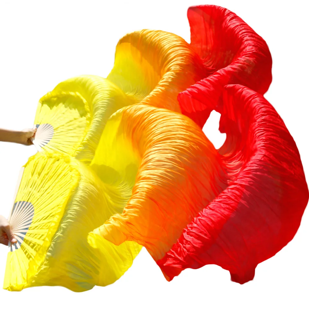 

Gradient Color 100% Silk Bamboo Ribs Handmade Dyed Fans Belly Dance Props Long Fans Yellow+Orange+Red 180x90cm Can Be Customized