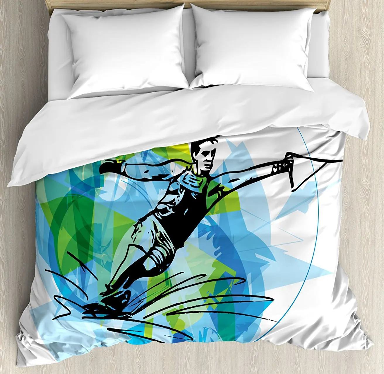 

Sports Decor Duvet Cover Set, Man Athlete Water Ski Energic Dynamic Exotic Motivational Hobby Activity Image 4 Piece Bedding Set