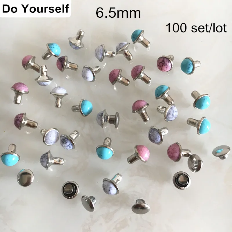 

100 Set Domed Turquoise Silver Color Metal Base Rivet Studs,Half Round DIY Rivet 6.5mm,Blue,Pink,White,Leather Craft Decoration