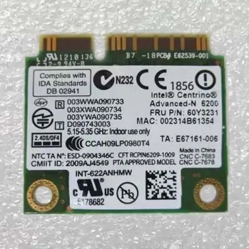 Wi-Fi-карта Int Centrino Advanced-N 6200 802 11 abgn для Lenovo Thinkpad L410 L412 R400 SL410 SL510 X200 X201 Series FRU 60y3231 |