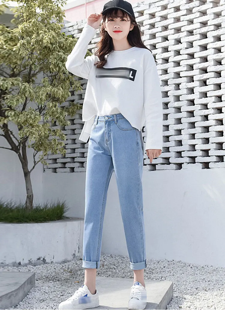 Женские весенние осенние Белые Черные синие свободные джинсы с высокой талией, повседневные универсальные Универсальные женские штаны в Корейском стиле
