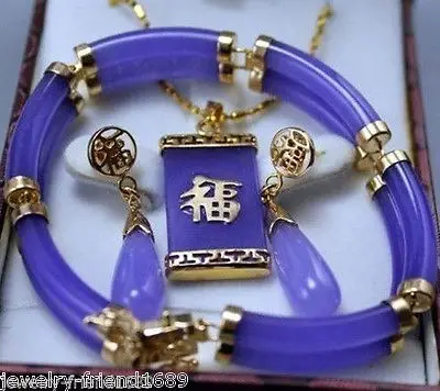 

Jewellery Genuine Purple Jade 2 Rows Bracelet Pendant Earring Set 18K gold plated watch wholesale Quartz stone CZ crystal