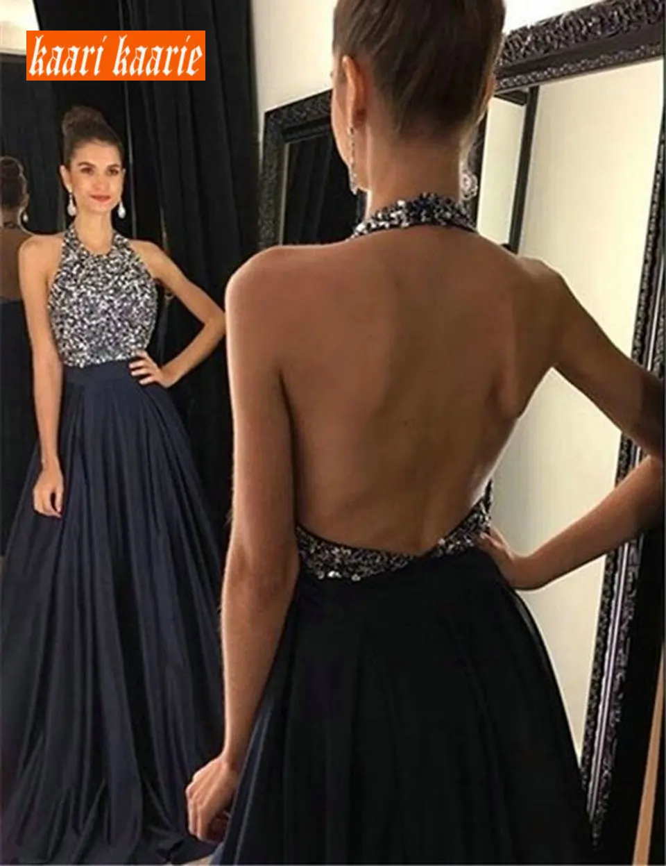 

Fashion Dark Navy Party Long Evening Dresses 2019 Vintage Evening Gown Women ball gown Haler Neck Satin A-Line Maxi Formal Dress