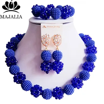 

Royal Blue Nigeria Wedding african beads jewelry set Crystal Plastic pearl necklace Bridal Jewelry Set Free shipping MO-162