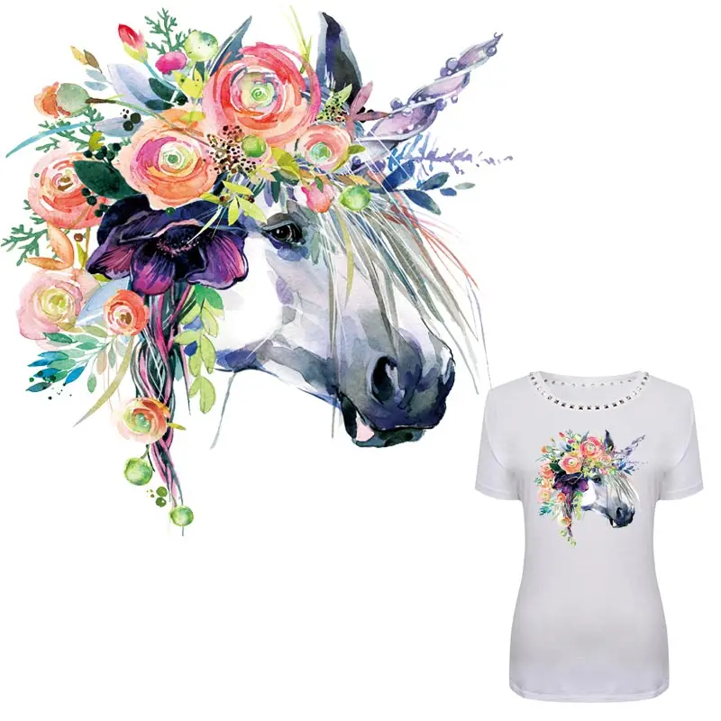 

Patch Applique Flower Watercolor Unicorn Animals On Clothes Print Diy A-level Washable New Design Iron On Transfers Y-161