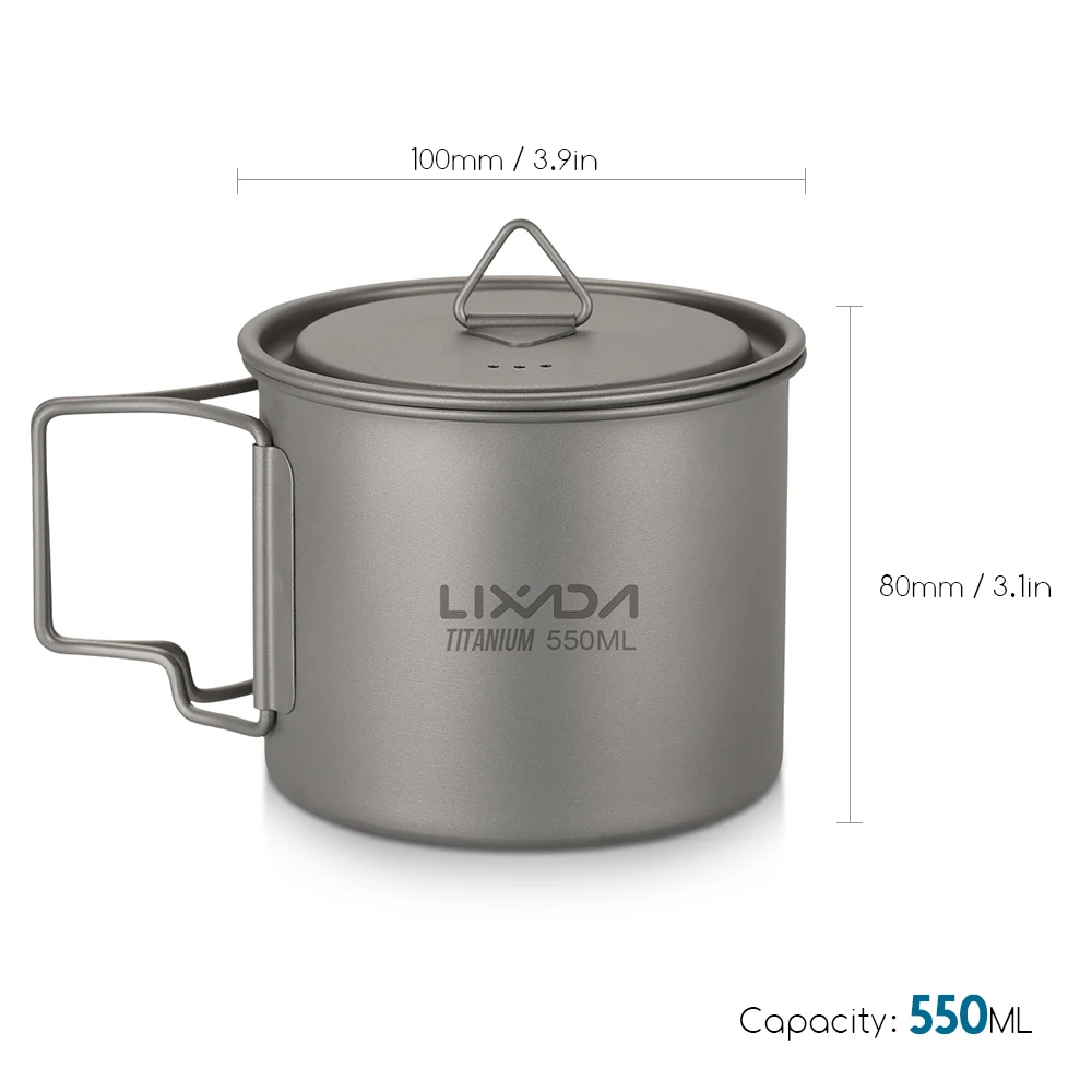 Lixada Ultralight Titanium Cup Pot Outdoor Portable Camping Picnic Water Cup Mug with Foldable Handle 300/350/420/550/650/750ml