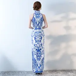 Район Свадебные cheongsam современный дизайнер традиционные платья синего и белого фарфора китайское платье Восточный с женщин qipao