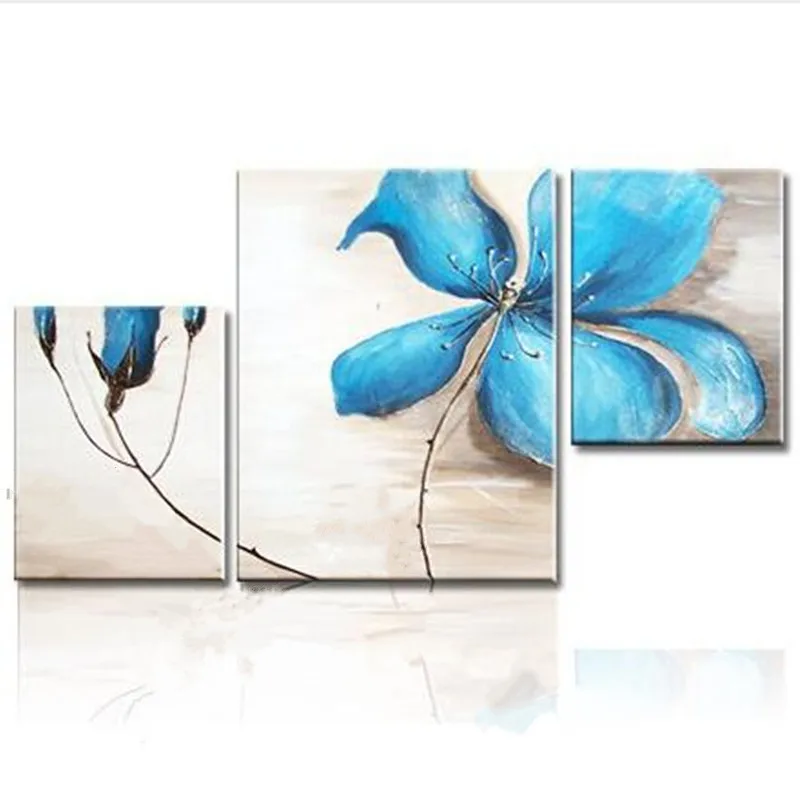 

3 Panel Pictures Hand-painted Acrylic Floral Paintings Bedroom Wall Art Hand Painted Blue Flower Oil Painting Modern Home Decor