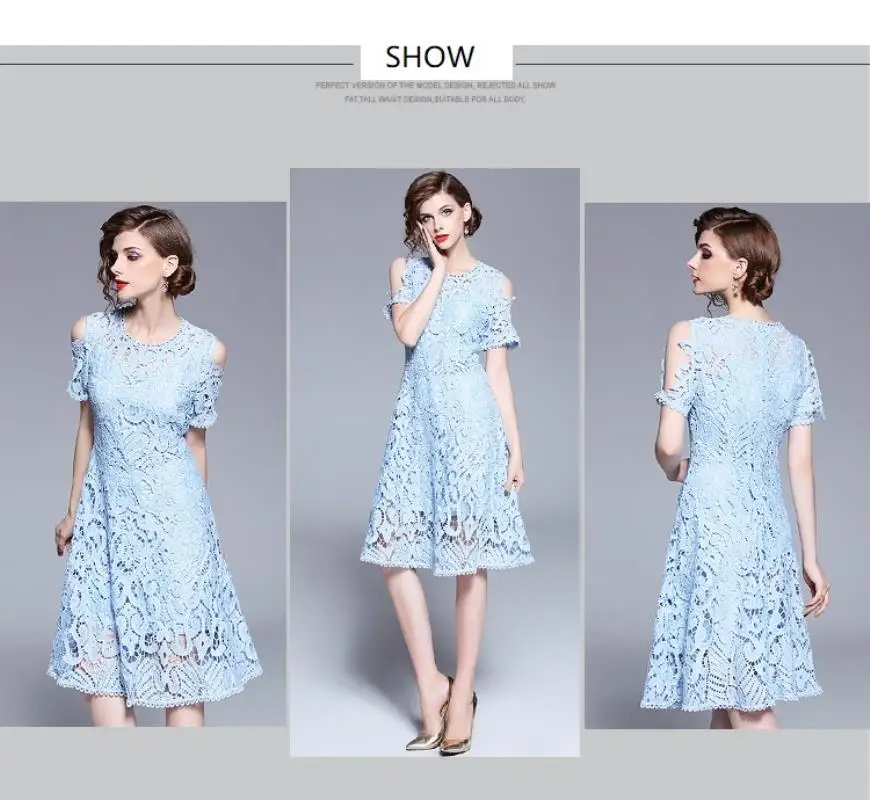 crochet hollow lace dresses zipper fashion strapless slash collar big swing sexy dress hot sale High Quality Elegant Party Dress