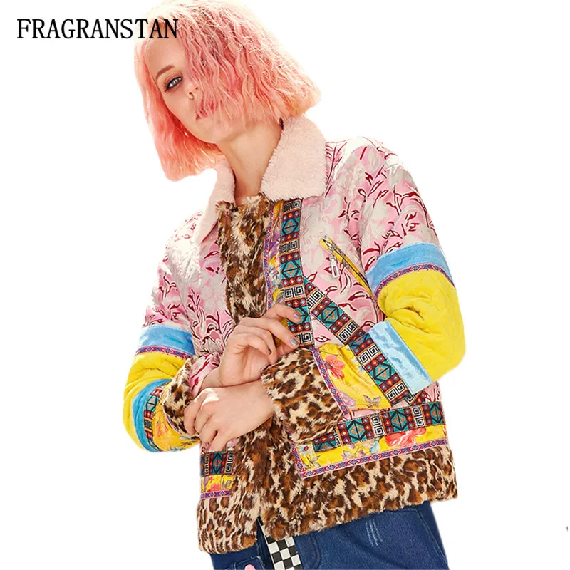

Lady Autumn Winter Thicken Keep Warm Short Parkas Female Fashion Hit Color Leopard Ethnic Style Patchwork Padded Jacket JQ211