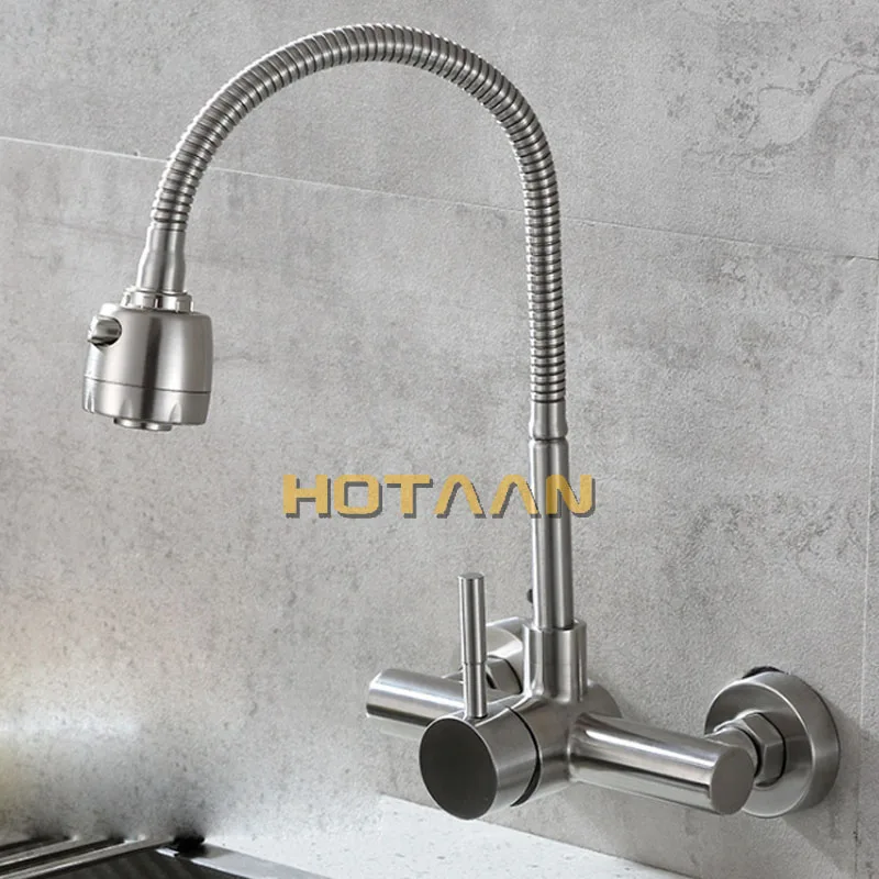 Wall Mounted Stream Sprayer Kitchen Faucet Single Handle Dual Holes SUS304 Stainless Steel Flexible Hose Kitchen Mixer Taps 6032