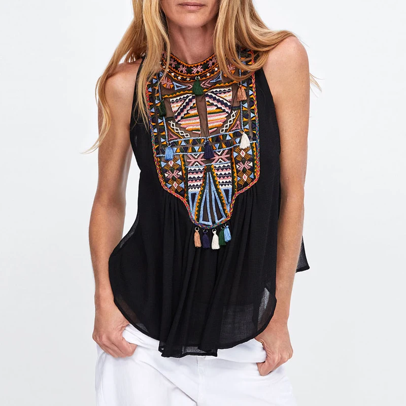 za women tassels blouses sleeveless exotic embroideried