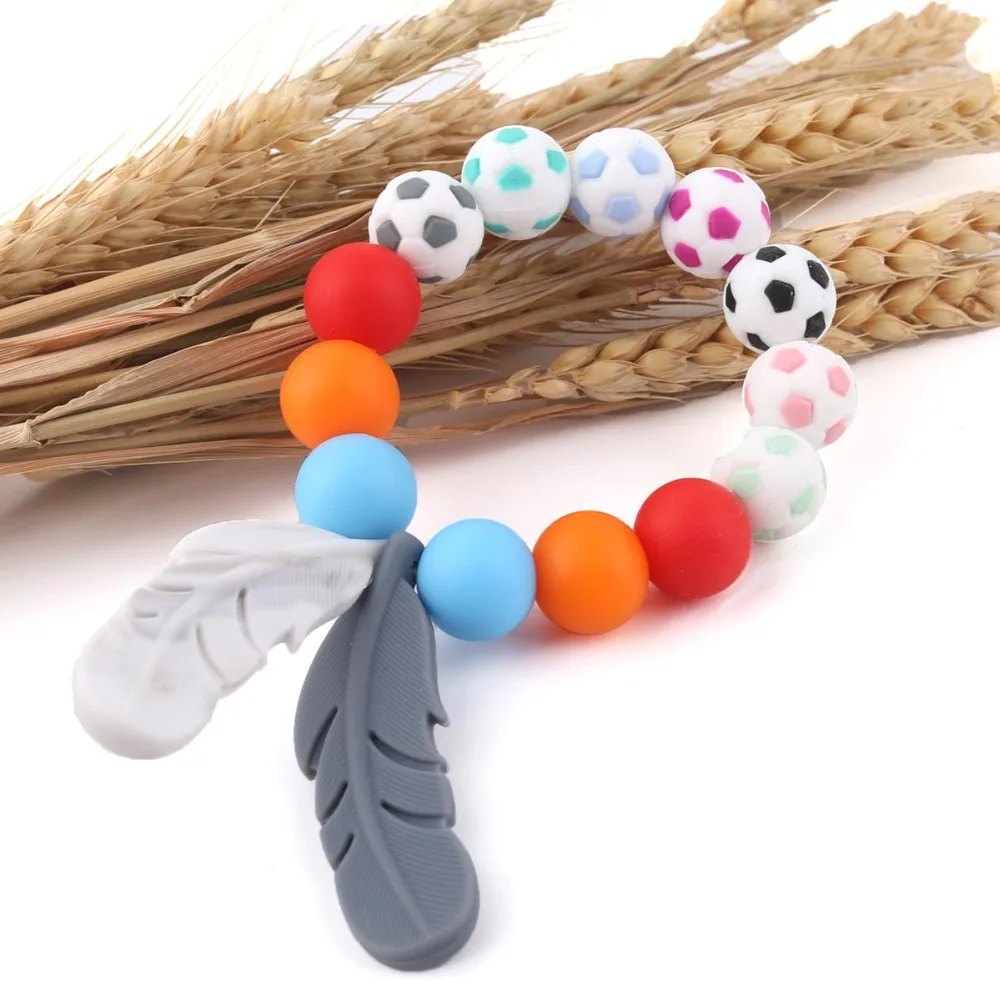 

Let's Make 1pc Silicone Feather Bracelet Baby Teether Brightly Colored And Fashion Football Beads Safe Chewable Toy For Newborn