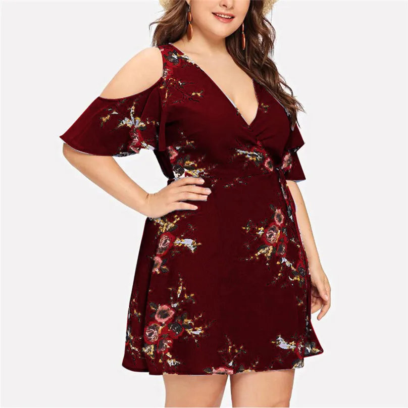 

Bohemian Print Dress Cold Shoulder Short Sleeve V-Neck Strapless Women's Plus Size Elegant Boho Dresses robe ete femme 4EM
