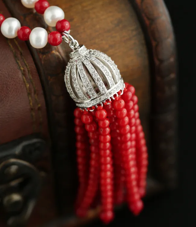 Beadsnice жемчужные ювелирные изделия роскошное ожерелье для женщин уникальный красный коралл кисточкой микро проложить жемчуг кулон ожерелье ID29793