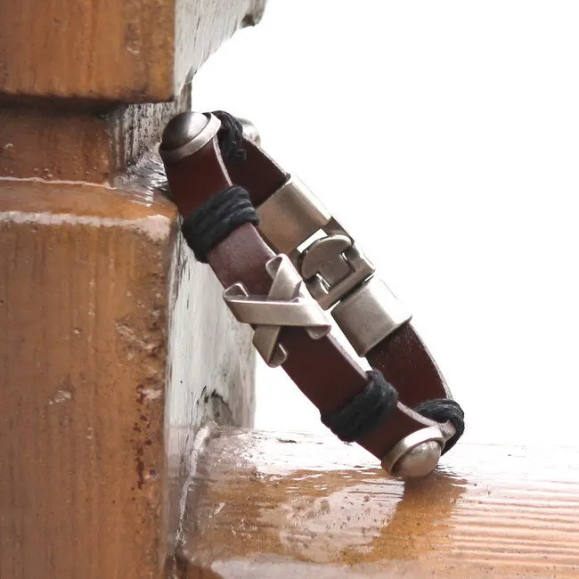 

Cross Charm Brown Leather bracelet men women fashion vintage engraved bracelets bangles korean jewelry pulseira masculina