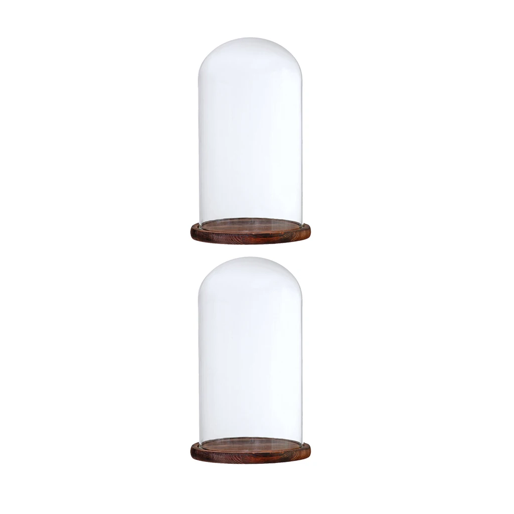 2Pcs 12x22cm Clear Glass Dome with Wooden Base for Home Wedding Party Centerpiece Display Stand DIY Decor ~Brown