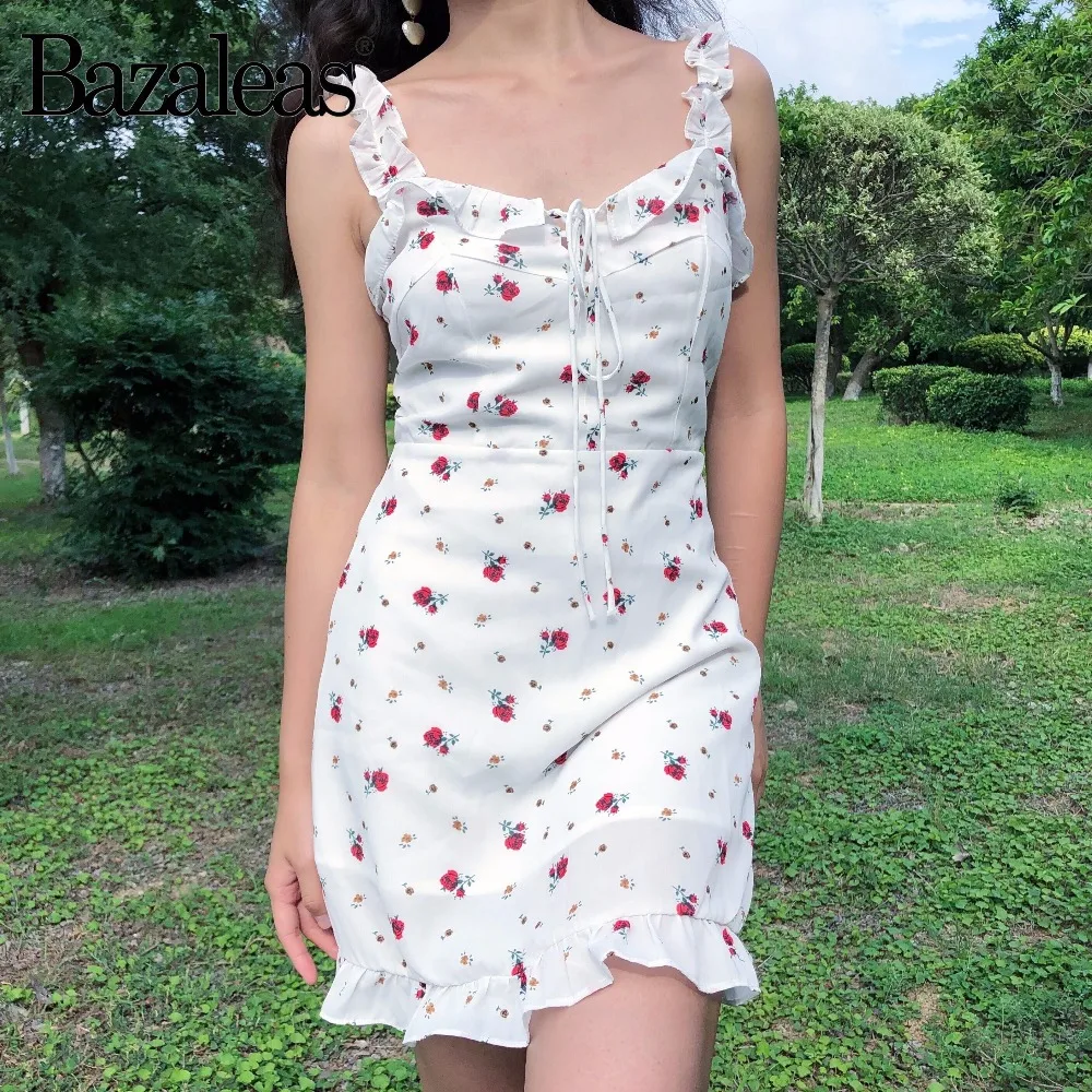 Bazaleas 2018 Front Frill Trim Cami Summer Dress France Women Lace Up