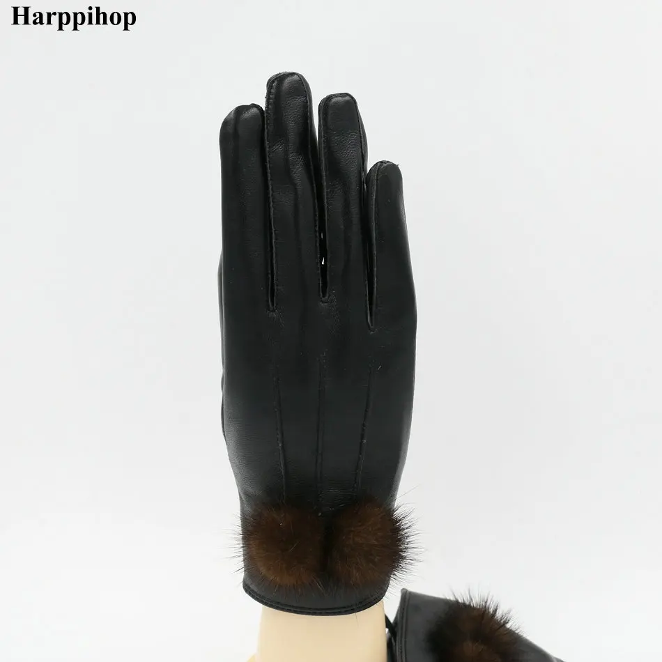 Harppihop зима Пояса из натуральной кожи Прихватки для мангала для Для женщин овчины палец перчатки Новое поступление 2017 года модные норки мяч