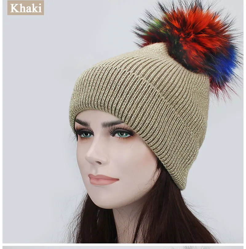 Новый Цветной натуральным мехом Pom Hat Для женщин дамы зимняя шапка вязаная блестящий цвет серебристый, золотой линии Skullies кости Женская