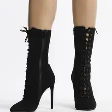 Дизайнерские Для женщин на шнуровке ботинки из замши Тонкий Высокий каблук острый носок женские ботильоны суперзвезды Стиль обувь Для женщин