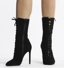 2017 Designer Women Lace up Suede Boots Thin High Heel Pointed Toe Women Ankle Boots Superstar Style Shoes Women