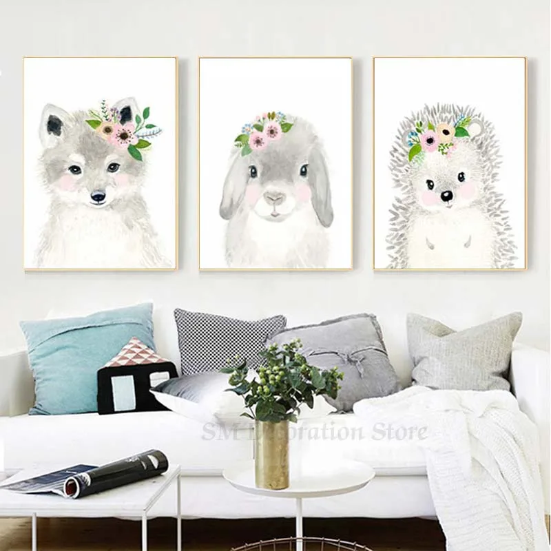 

Nordic Cute Animal Canvas Prints Poster Art Pink Flowers Fox Rabbit Hedgehog Deer Canvas Painting Wall Art Cartoon Kids Unframed