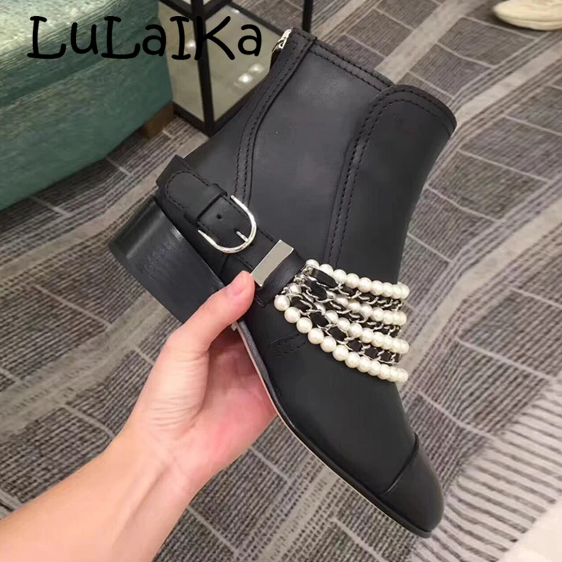 

2019 New Brand Woman Solid Color Ankle Boots Sexy String Bead Belt Buckle Shining Elegant Lady Party Wedding Low Shoes