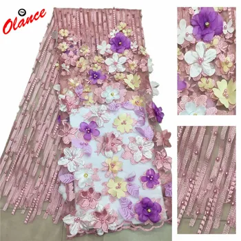 

High quality Appliqued colorful flowers with colourful beads Design dress fabric AXC18 Wholesale Popular Tulle Lace Fabric