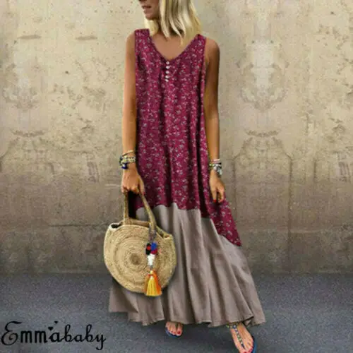 

Retro Women's V Dress SleeveLess Boho Cotton Linen Patchwork Loose A Line Long Maxi Dress Kaftan